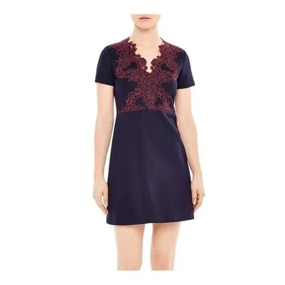 Sandro Paris Short Dress Womens Sz Sm /1 Navy Lace Trim Short Sleeve Back Zipper - Picture 1 of 10